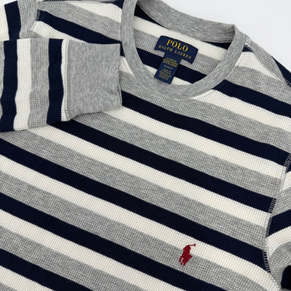 Polo Ralph Lauren Mens Small Sleepwear Thermal Shirt Striped Waffle Knit Grey S